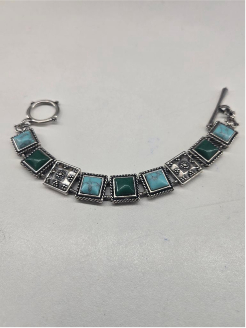 Lucky Brand Southwestern Bracelet Silvertone Dark Green and Turquoise Cabachon